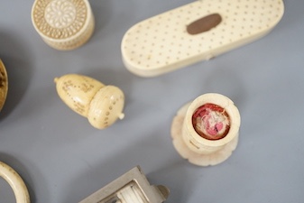 A collection of ivory objects, to include a manju netsuke, a needle box, miniature dominos, etc., 19th century